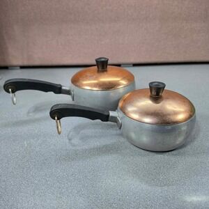 Wear-Ever Hallite Saucepan Set 2pc Silver Copper MCM Aluminum Good Vtg USA